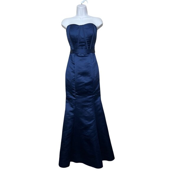 Vtg Strapless Satin Mermaid Gown Maxi Prom Dress Navy Blue Sz 4 Elegant Regency - Picture 1 of 8